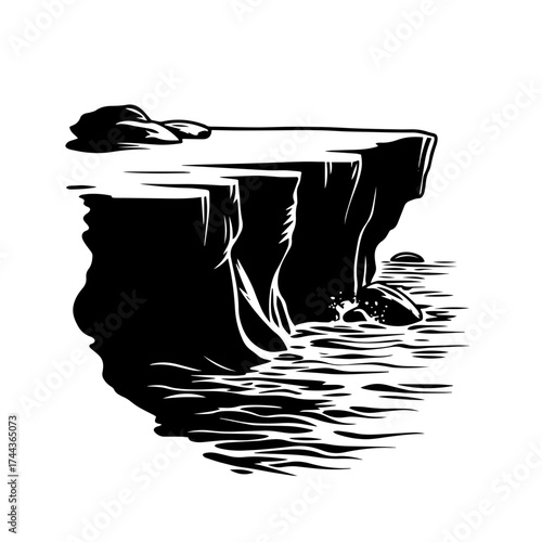 Seaside cliff silhouette — rocky coastal bluff above ocean water vector illustration