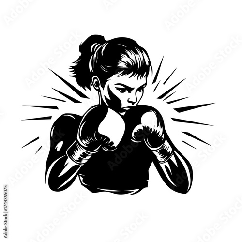 Female boxer silhouette — strong woman fighter in gloves vector illustration for sport and fitness themes