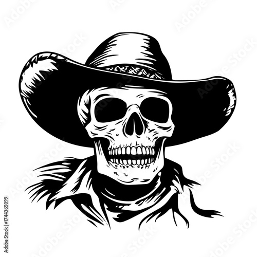 Cowboy skull silhouette — wild west skeleton with hat and bandana vector illustration