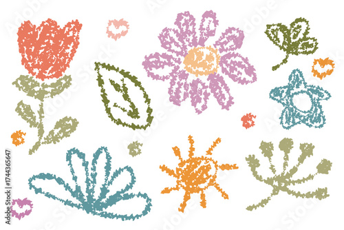 Set of hand-drawn flowers and leaves in vector style. Spring decorative elements for kids’ designs, greeting cards, packaging, or patterns. Simple and cute style perfect for creative projects