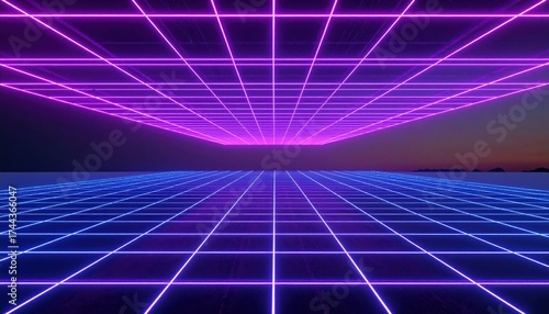 Digital landscape showcases a futuristic, neon-lit grid with vibrant blue and purple lines creating depth and an atmospheric perspective set against a subdued, dusky sky with implied horizons.