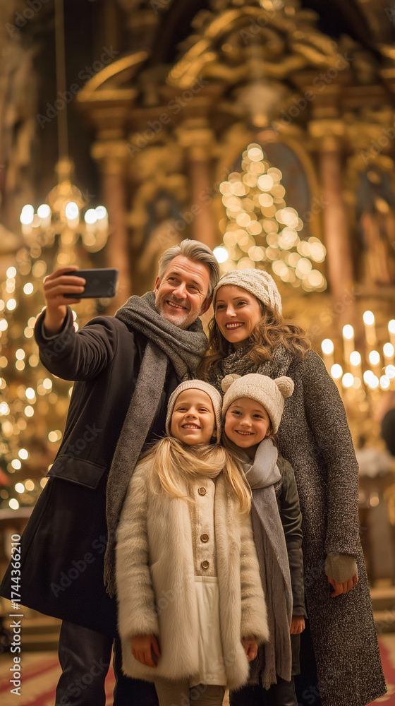 Fototapeta premium Festive family selfie amidst warm lights, creating cherished holiday memories in an elegant, holiday-lit background.