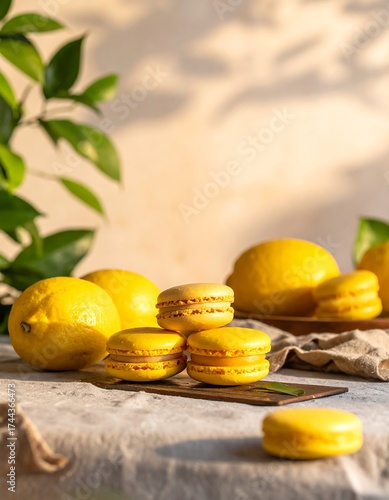 Bright yellow macaron cookies, lemons, and foliage