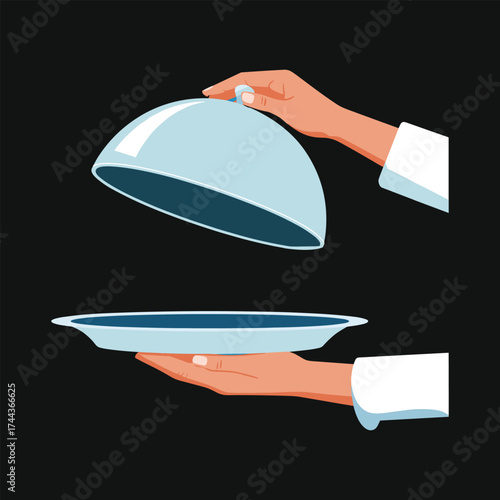 Server holding a cloche lid over a serving platter with hands food restaurant
