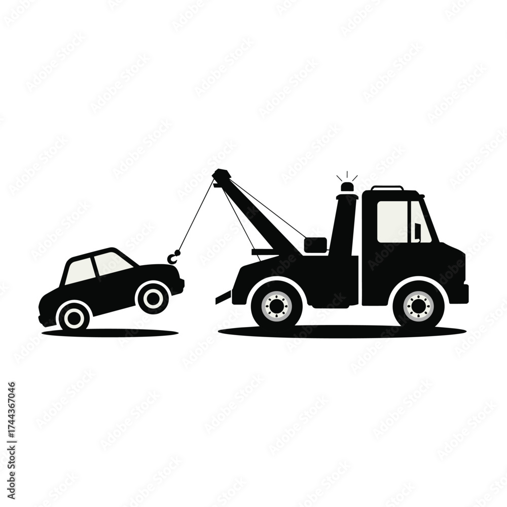 Naklejka premium Tow Truck Hooking Up a Small Car for Towing on White Background, vector illustration.