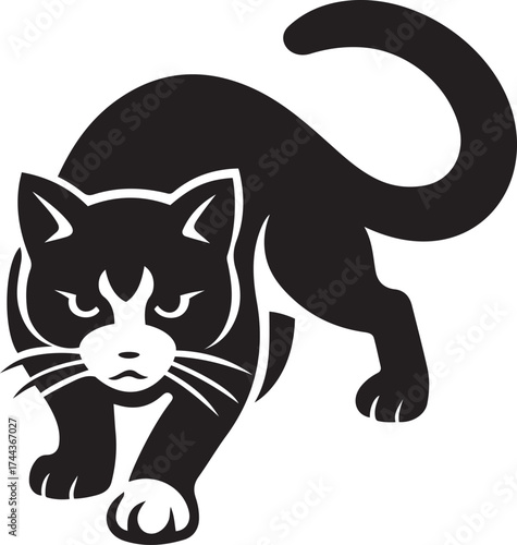 Stylized black and white cat stalking forward, Minimalist feline vector illustration