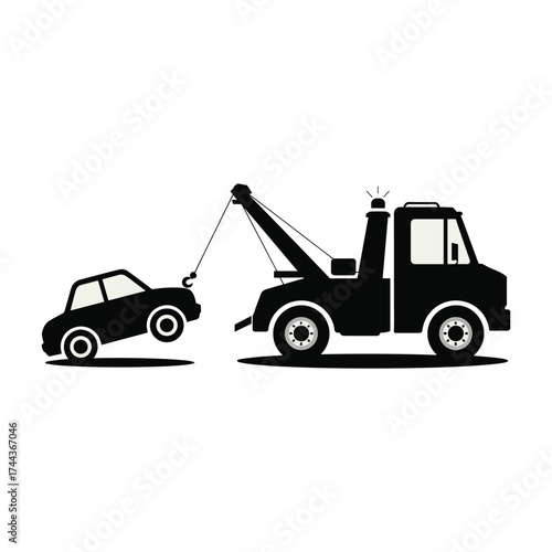 Tow Truck Hooking Up a Small Car for Towing on White Background, vector illustration.