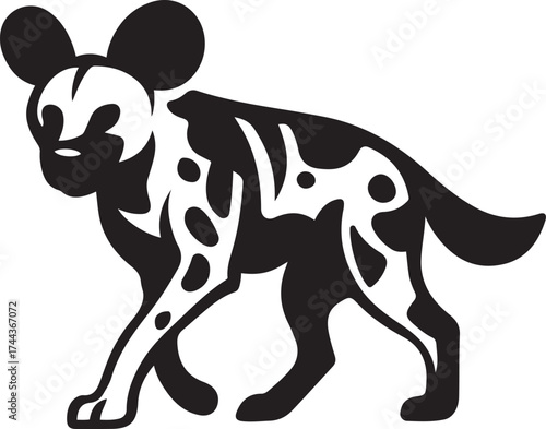 Stylized African wild dog walking black and white, Elegant canine silhouette vector design