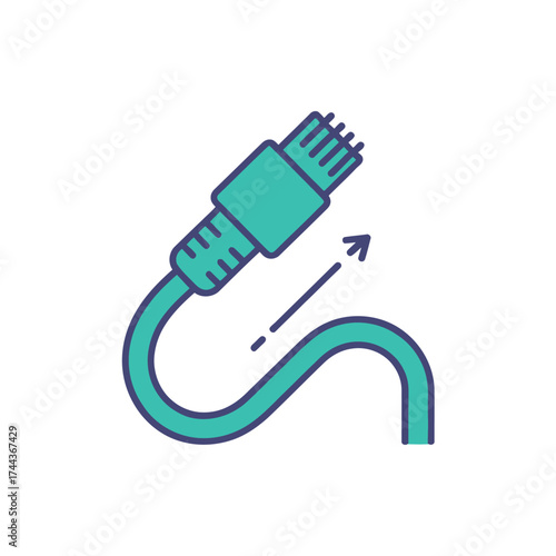 Turquoise ethernet cable icon with arrow indicating signal transmission for online communication and data transfer