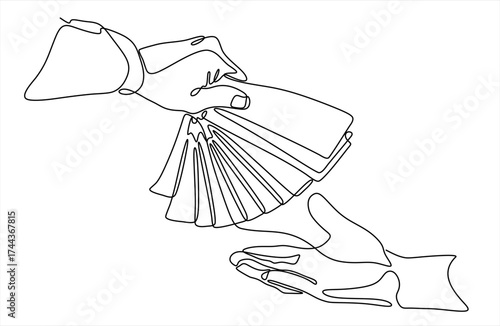 Continuous one line drawing hand receives money from the other hand. Wealth and prosperity concept.  Give charity donate or pay something. Hand drawn one line vector. Editable stroke	