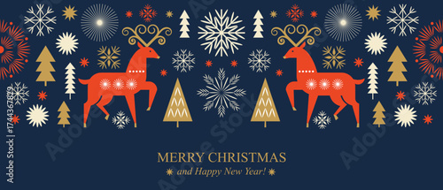 Christmas banner with Christmas Deer and ornaments in geometric decorative scandinavian style on dark blue background	
