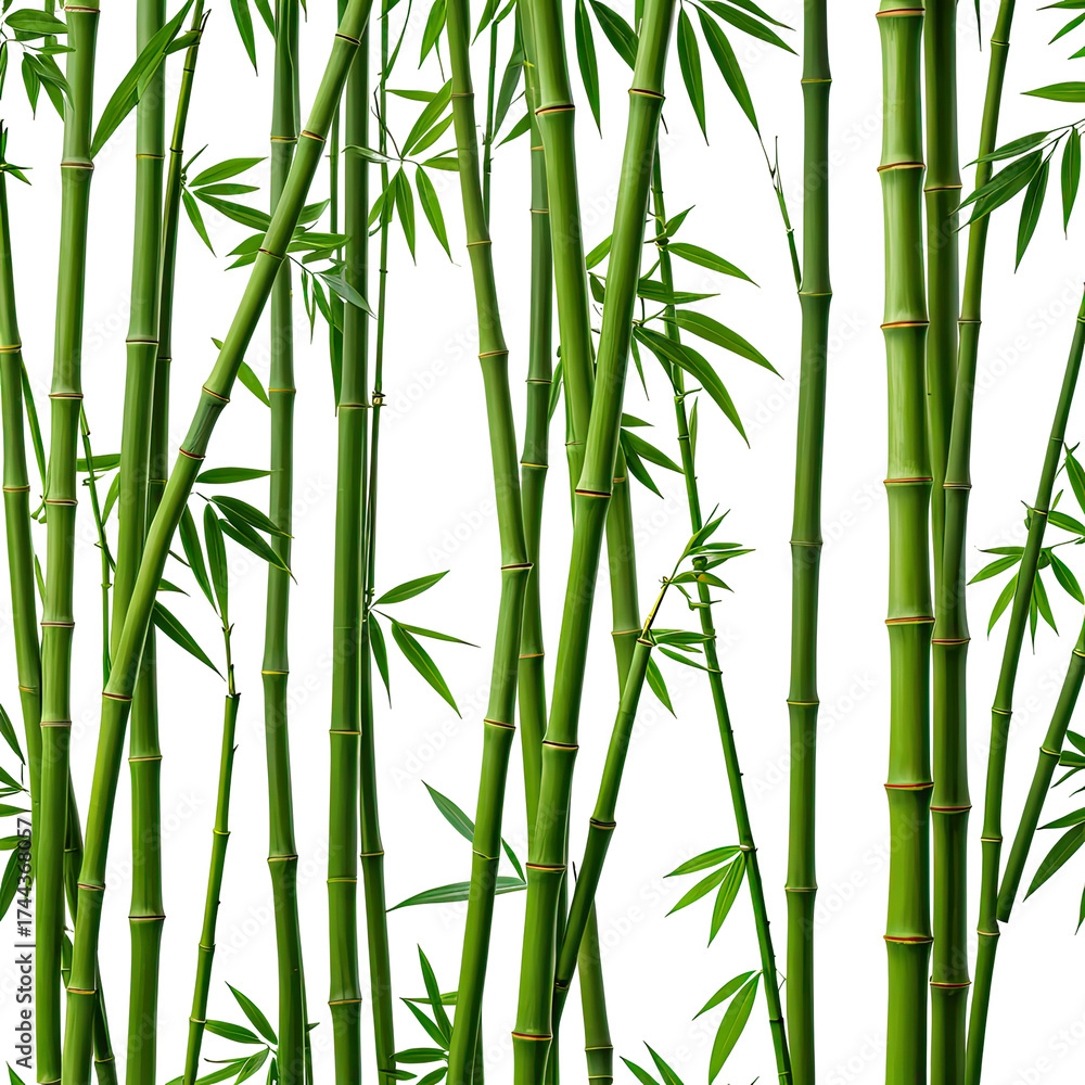 Obraz premium Lush green bamboo stalks with leaves against a dark backdrop. Dense and textured