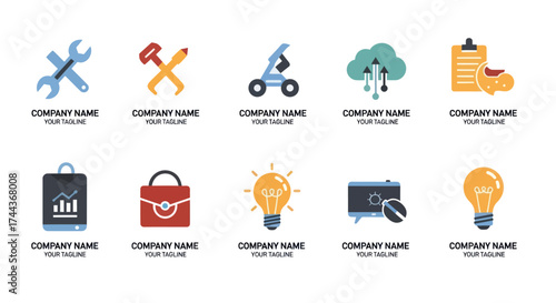 Collection of Modern Flat Design Logos: Tools, E-commerce Analytics, and Professional Business Concepts on White Background, Flat Vector Elements, Vector Illustration, Simple Vector, Stylized Vector