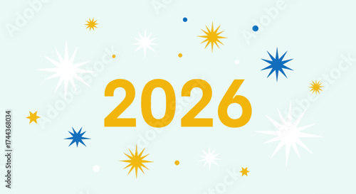 Festive 202X New Year Celebration Art with Colorful Stars, Dots and Yellow Numbers on Light Blue Background, Flat Vector Elements, Vector Illustration, Simple Vector, Stylized Vector Drawing, Vector