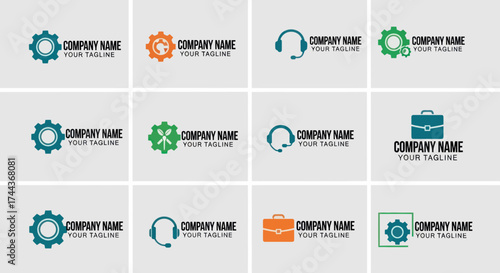 Collection of Modern Vector Logo Templates Featuring Gears, Headsets, and Eco-Friendly Designs for Business Branding and Corporate Identity, Flat Vector Elements, Vector Illustration, Simple Vector,