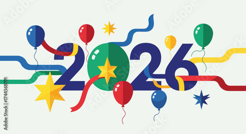 Colorful Stylized Number 22 with Balloons, Stars, and Ribbons, representing New Year 2022 or a Festive Celebration, Flat Vector Elements, Vector Illustration, Simple Vector, Stylized Vector Drawing,