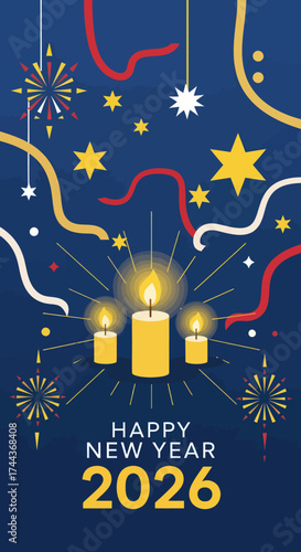 Happy New Year 2026 Festive Greeting with Glowing Candles, Fireworks, and Confetti - Modern Vector Illustration for Holiday Celebrations and Wishes., Flat Vector Elements, Vector Illustration, Simple
