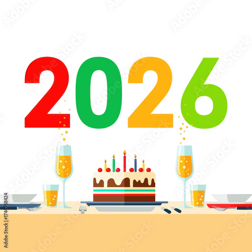 Vibrant 2020 Celebration: Festive Cake, Champagne, and Table Setting for New Year or Birthday Party, Flat Vector Elements, Vector Illustration, Simple Vector, Stylized Vector Drawing, Vector