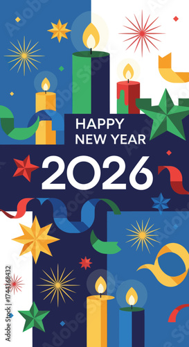2026 New Year Celebration Graphic with Festive Stars, Ribbons, and Lit Candles on a Dark Blue Background, Flat Vector Elements, Vector Illustration, Simple Vector, Stylized Vector Drawing, Vector