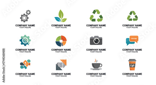 Set of Modern Abstract and Geometric Business Logos Featuring Gears, Leaves, Data Charts, and Interlocking Shapes, Ideal for Technology, Nature, Industry, and Corporate Branding on White Background,