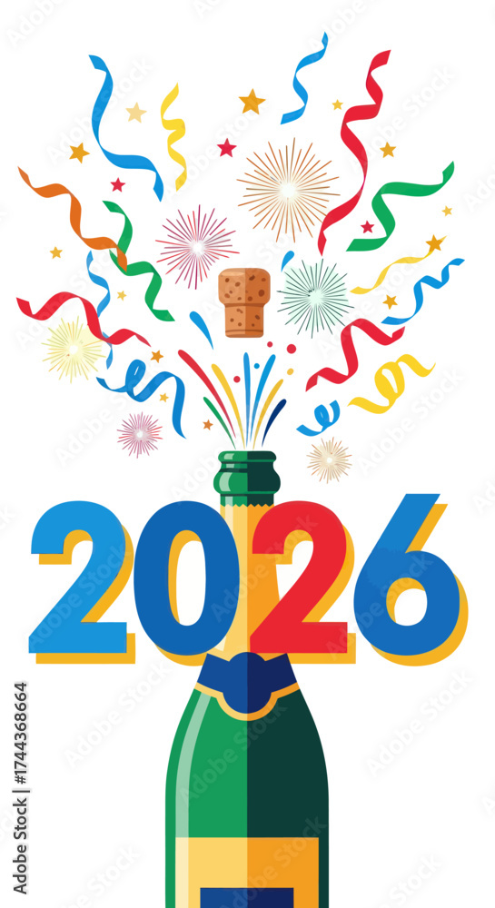 Fototapeta premium Vibrant 2026 New Year Celebration with Popping Champagne Bottle, Confetti, and Colorful Numerals Illustration, Flat Vector Elements, Vector Illustration, Simple Vector, Stylized Vector Drawing,