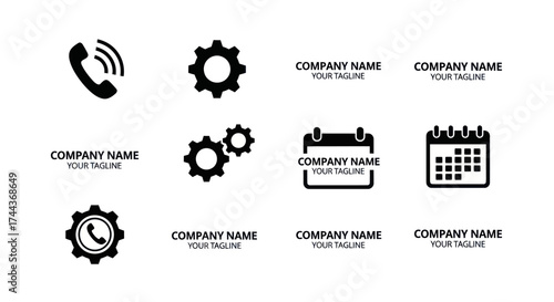 Minimalist black and white vector icons for business services, technical support, and communication, featuring gear symbols, a ringing phone, and placeholder company name with tagline, on a white