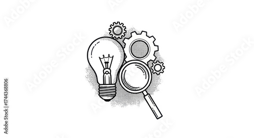 Retro Pop Art Style Lightbulb Illustration in Black and White, Symbolizing Idea, Inspiration, and Solution on White Background with Copy Space, Flat Vector Elements, Vector Illustration, Simple