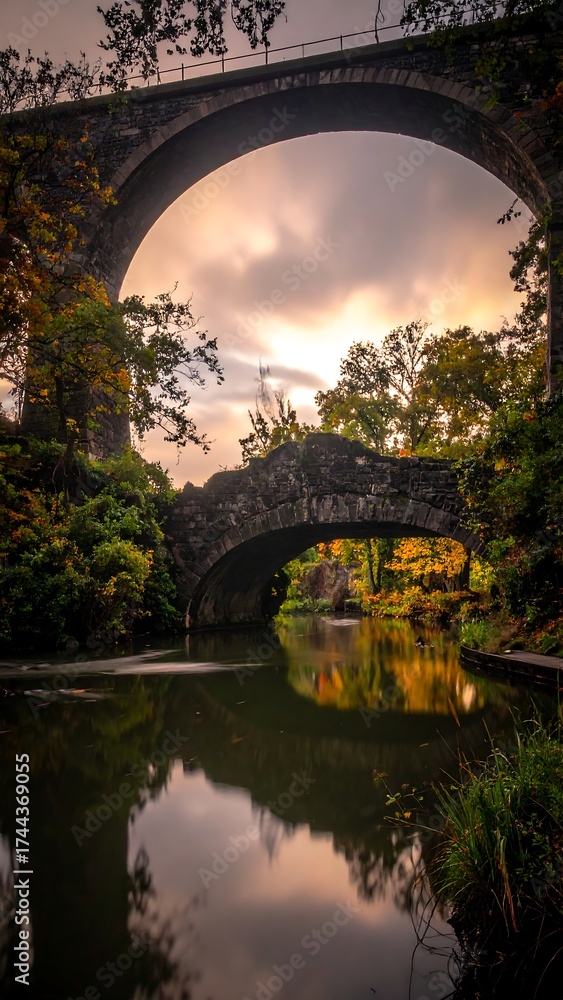 Fototapeta premium Autumnal bridge reflections under a tranquil sky