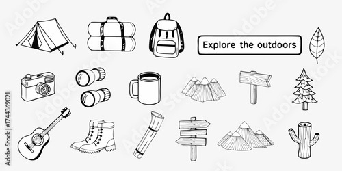 Collection of hand drawn outdoor adventure and camping icons with text explore the outdoors