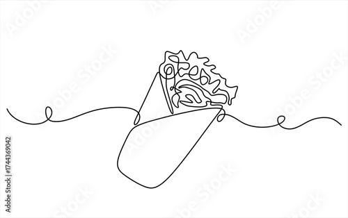 Continuous one line drawing of shawarma. Kebab with meat and vegetables. Fast food cafe and restaurant concept. Hand drawn one line vector. Editable stroke	