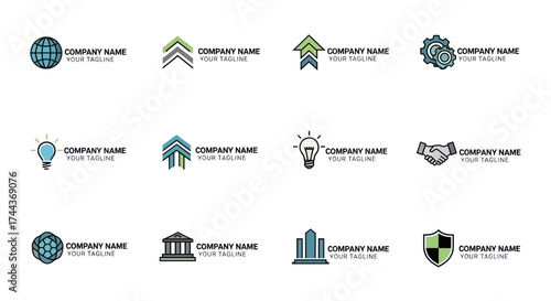 Professional Vector Logo Designs Collection: Modern Concepts including Globe, Light Bulb, Arrows, Geometric Shapes, and Building Icons for Business Branding and Identity, Flat Vector Elements, Vector