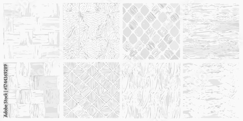 Collection of eight abstract white and gray textured patterns with organic and geometric designs