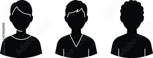 Three simple black silhouette head icons representing diverse people or profiles