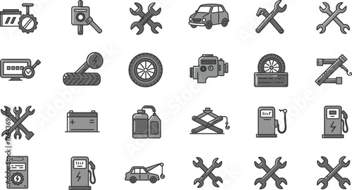 Collection of automotive tools car parts and vehicle service icons displayed