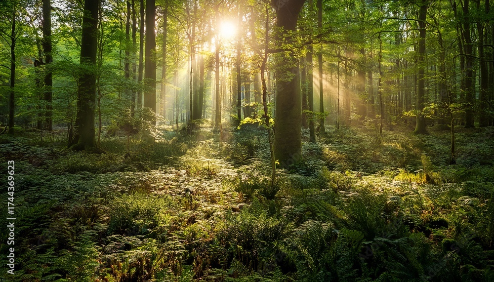 Fototapeta premium sunlight streams through a dense forest