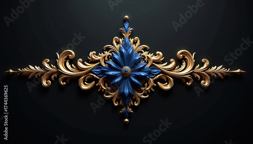 Gold blue ornate floral element decorates black background. Symmetrical arabesque scrollwork and flower motif add luxury detail to design. Royal flourish emblem isolated for graphic use.