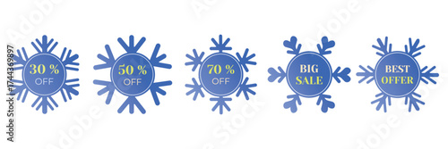 Big set of winter sale tags.Price banners set with snowflakes isolated on transparent background.Shopping stickers and badges.Winter shopping elements.Vector blue tags  for web, merchandise, promotion