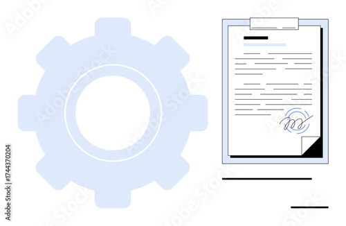 Gear next to clipboard with signed document suggests efficiency and technology in agreements. Ideal for business operations, legal frameworks, agreement tools, automation, innovation, corporate