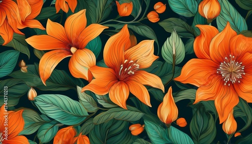 Wallpaper Mural seamless botanical pattern vibrant orange flowers with green foliage Torontodigital.ca