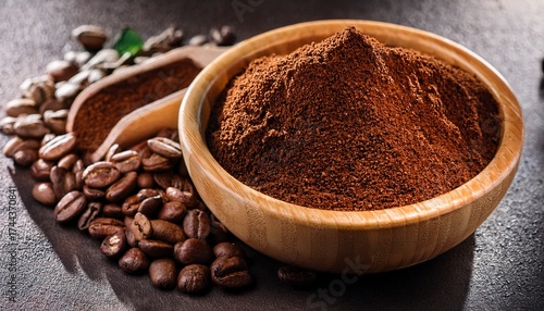 roasted coffee beans and ground coffee in a wooden bowl