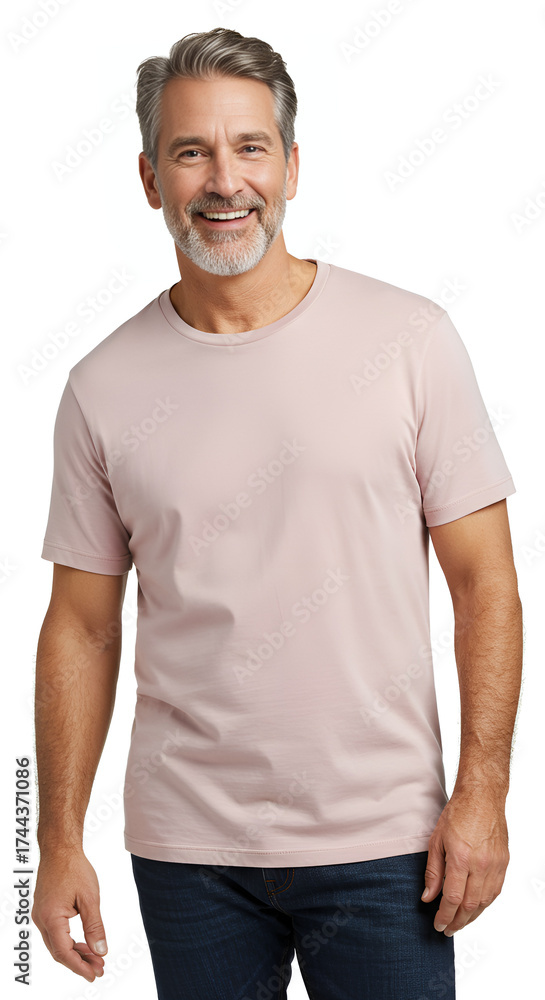 Fototapeta premium Confident Man smiling naturally in casual clothes, studio portrait with relaxed and friendly atmosphere, minimal white background