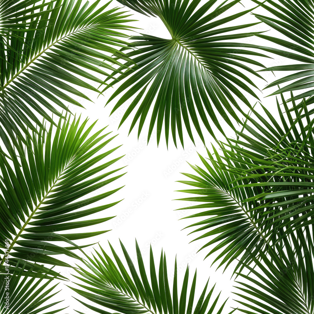 Obraz premium Lush green palm fronds against black backdrop, tropical aesthetic