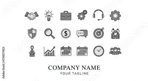 Professional Business and Corporate Service Icons Set Featuring Handshake, Lightbulb, Growth Chart, and Security Shield on White Background, Flat Vector Elements, Vector Illustration, Simple Vector,
