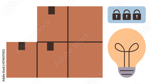 Stacked cardboard boxes next to three closed padlocks and a glowing light bulb, symbolizing ideas, security, and storage. Ideal for logistics, innovation, efficiency, safety, shipping business