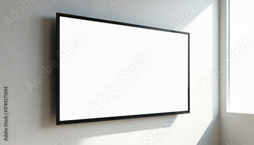 Modern widescreen display monitor with blank white panel screen mounted on light wall. Sunlight streams from window, casting shadow. Empty digital template ready for content in bright, clean office