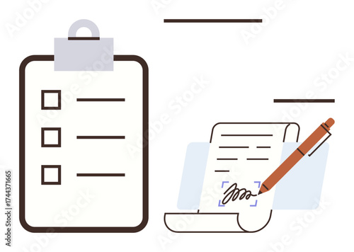 Clipboard with checklist and signed document sectioned by a pen. Ideal for management, planning, organization, approval processes, workflow design, productivity tasks, contract signing. Simple flat