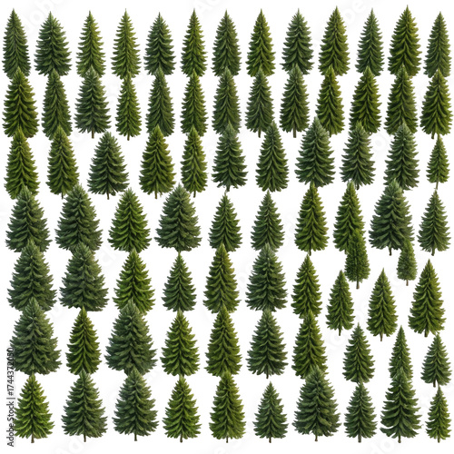 Dense forest of green evergreen trees with a black background