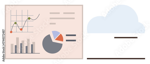Graphs, pie chart, and bar chart next to a cloud icon represent data analysis, cloud computing, statistics, and teamwork. Ideal for business, technology, research strategy innovation and growth