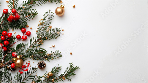 Bright white festive background with green pine branches, vibrant red berries, and elegant golden baubles, perfect for seasonal banners and elegant holiday cards.