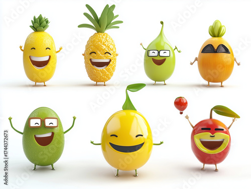 Smiling fruit characters having fun together on white background
